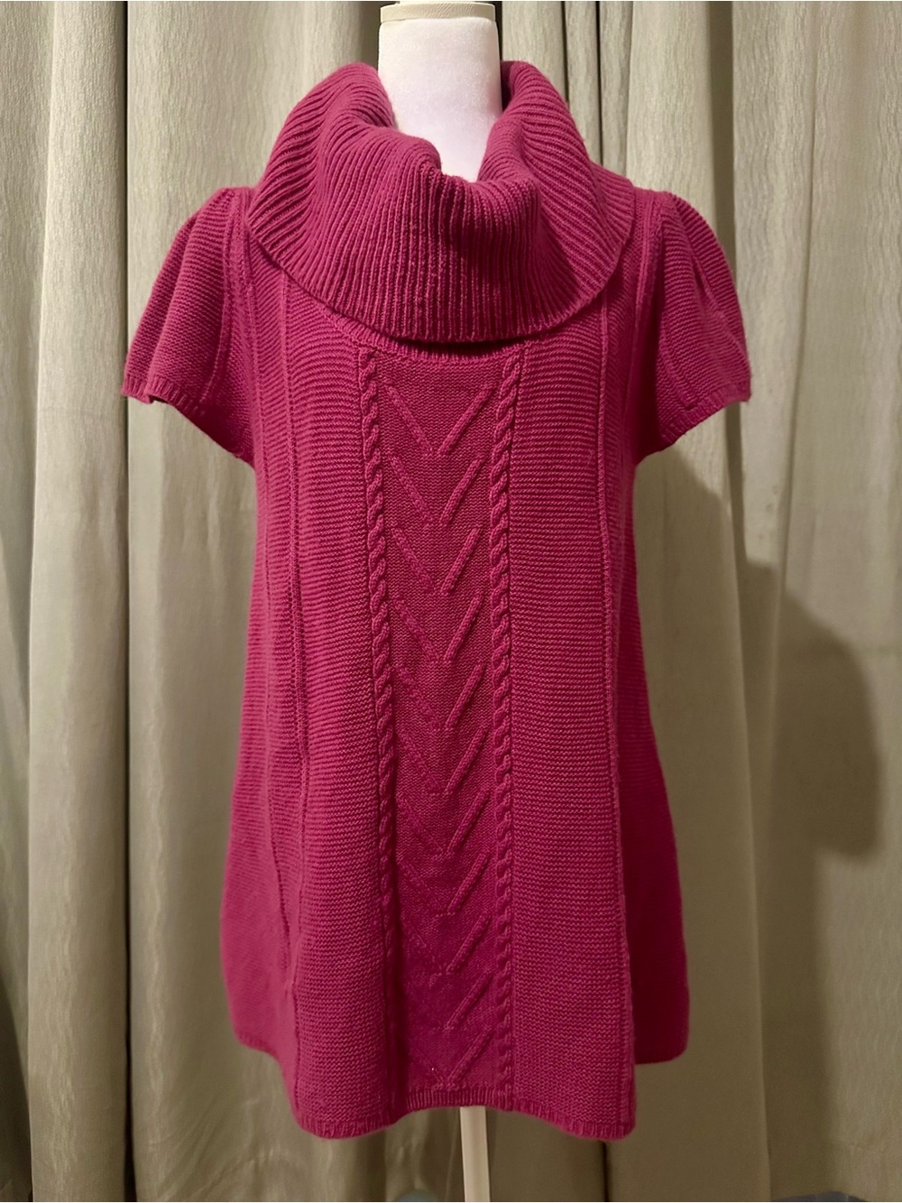 BCBG Max Azria Y2K Vintage Fuchsia Knit Cowl-neck Tunic Sweater 100% WOOL